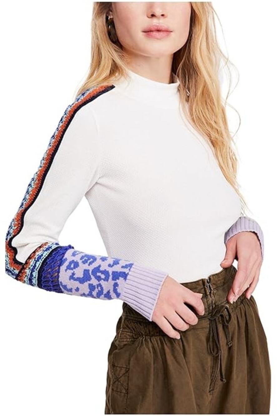 Free People Switch It Up Cuff Thermal White Mock Neck Animal Print Crochet S